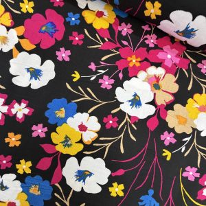 Colourful Flowers on Black Viscose